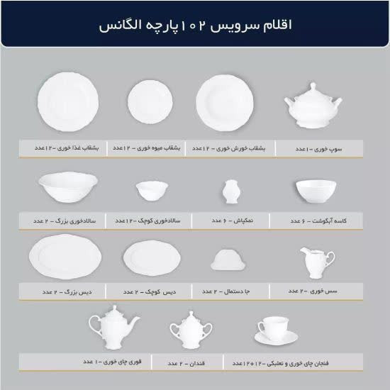 سرویس چینی ۱۰۲ پارچه قالب الگانس لب طلا