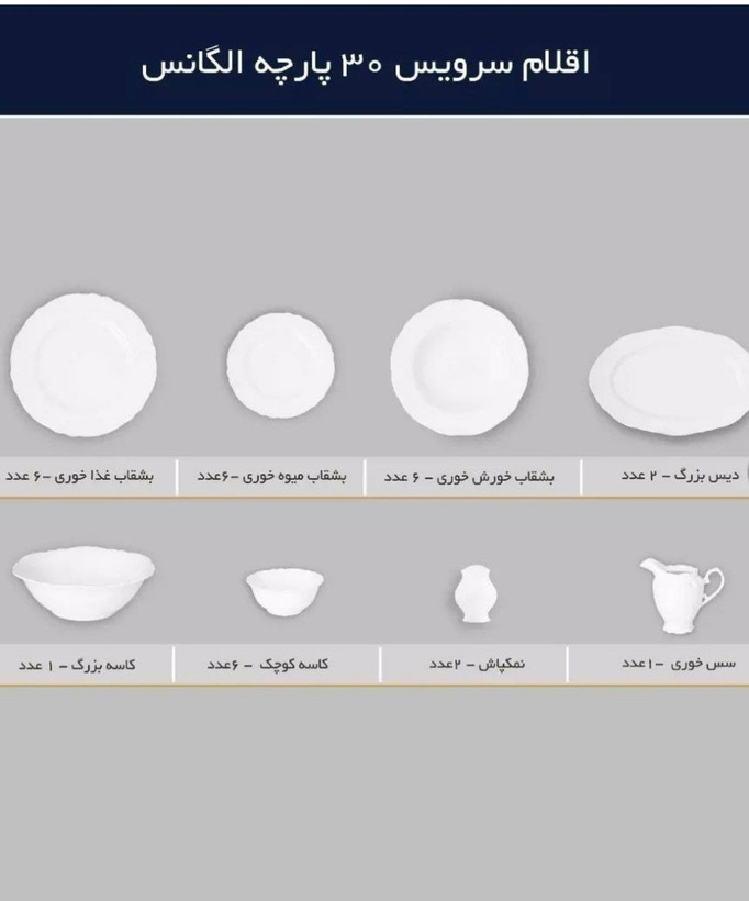 سرویس چینی ۳۰ پارچه قالب الگانس لب طلا