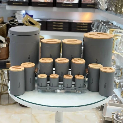 سرویس آشپزخانه ی یونیک ۱۶ پارچه سنباده ای درب چوبی کد ۸۰۰۸ جدید رنگ طوسی