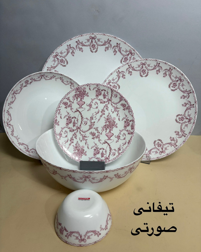 سرویس غذا خوری ۲۶ پارچه قالب گرد طرح چینی دینو تیفانی صورتی