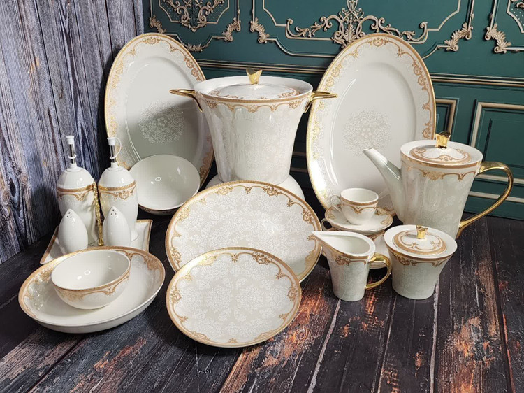 سرویس چینی استخوانی پردیس ۱۲ نفره زئوس دسته طلا ۹۹ پارچه